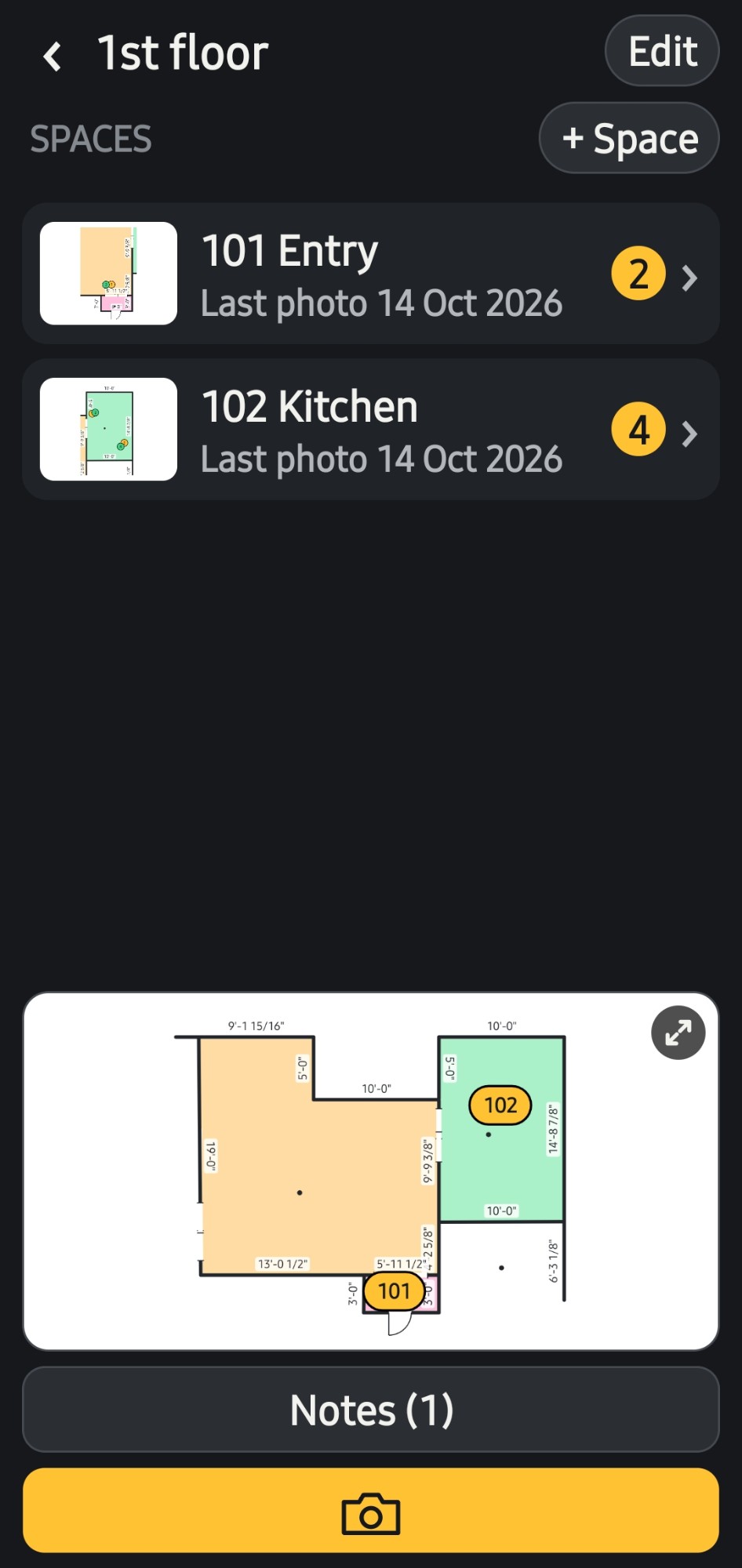 The spaces of a level with their plans and photo counts